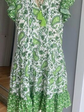 CELINA MOON White and Green leafy flowers Dress with Tassels